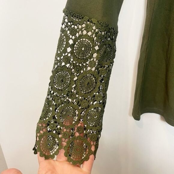 Basic Henley Lace Crochet Long Sleeve Blouse Casual Green Ribbed Knit Size Large - Picture 5 of 8